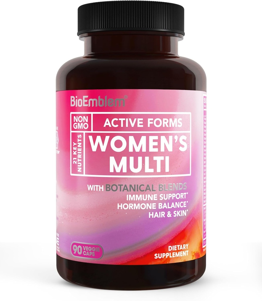 BioEmblem Women's Multivitamin - Immunity, Energy, Hair, Skin A, B12, B6, D3, Biotin, Iron, Magnezyum, Collagen ve Veggie Mixs - Gluten Free - 90 Capsules