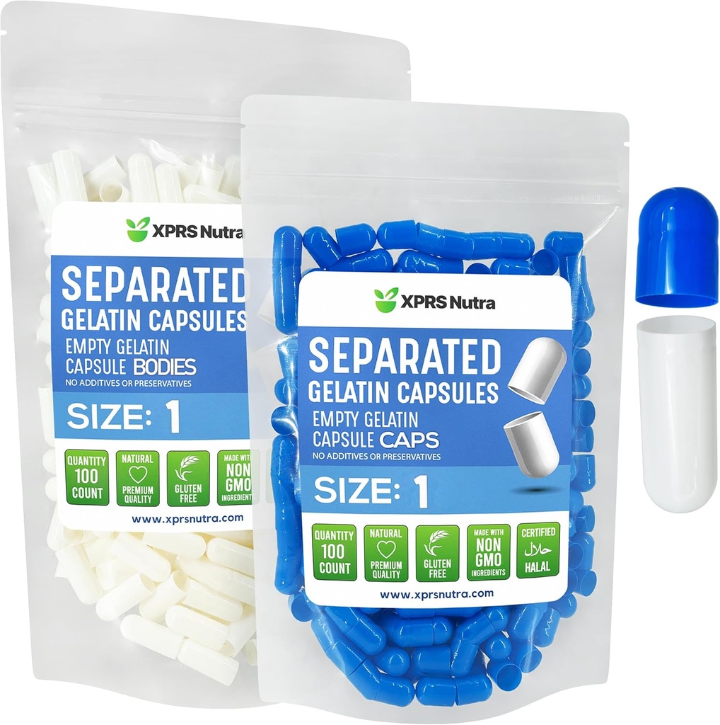 XPRS Nutra Boyutu 1 Gelatin Ayrılı Kapsüller - 100 Kont Boş Pill Capsules Çantada Ayrıştı - DIY Supplement (Mavi/Beyaz)
