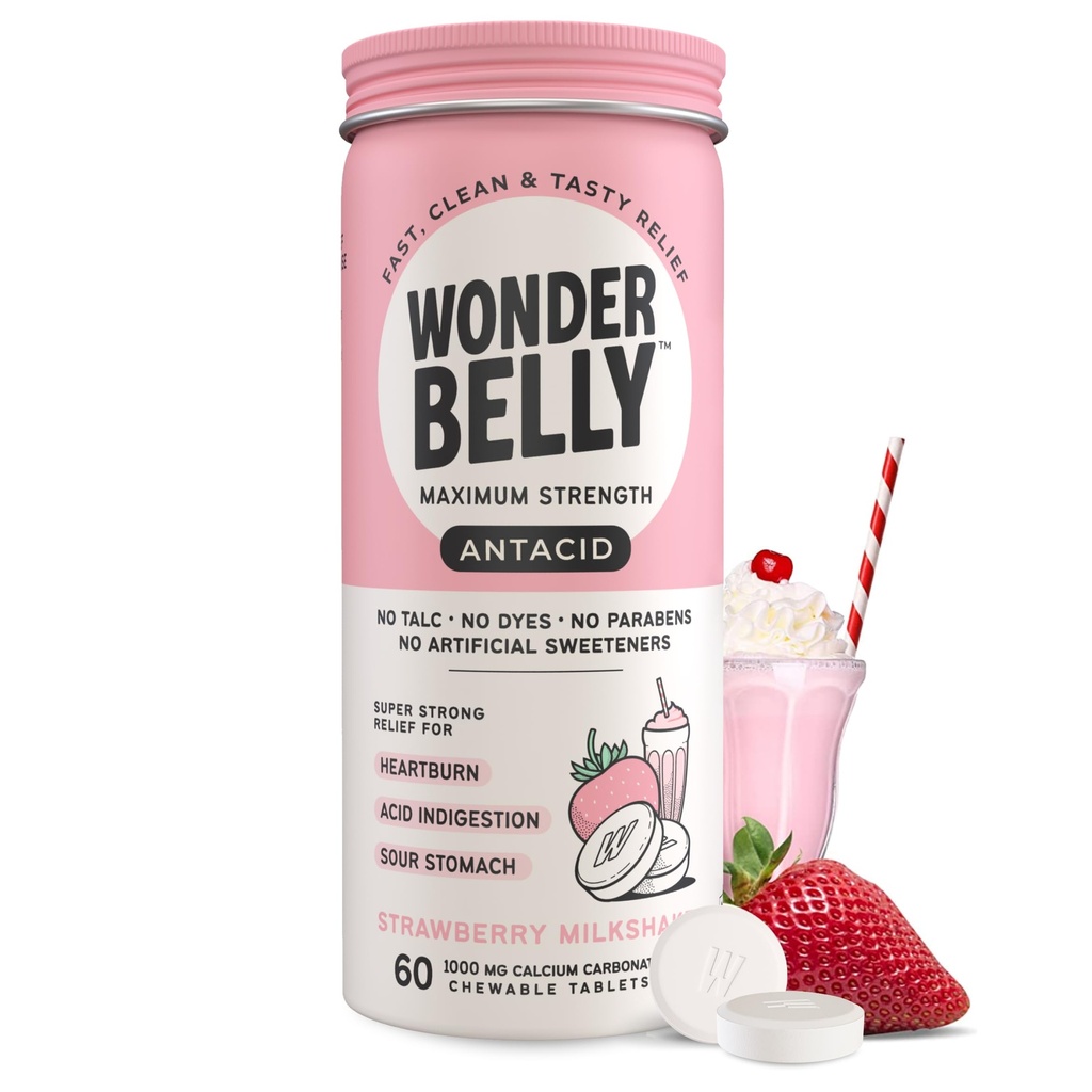 Wonderbelly Antacid, Etkili Kalpburnu ve Anında Asit İndigestasyon Yardımı, Ekstra Kuvvetli Tabletler, 1000 mguba Karbonat, Talc veya Dye, Strawberry Milkshake, 60 Kont