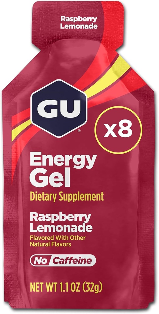 GU Energy Original Sports Nutrition Energy Gel, 8-Count, Vegan, Gluten-Free, Kosher ve Dairy-Free On-Go Energy for Any Workout, Raspberry Lemonade