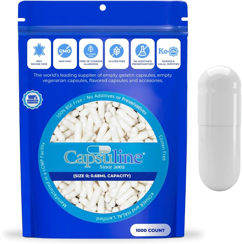 Capsuline Uzunluk 0 - Renkli Beyaz Boş Gelatin Capsules - 1000 Kont - Boş Gel Pill Capsules - DIY Pure Bovine Pill Capsule - Boş Caps - Kosher - Non-GMO sertifikalı