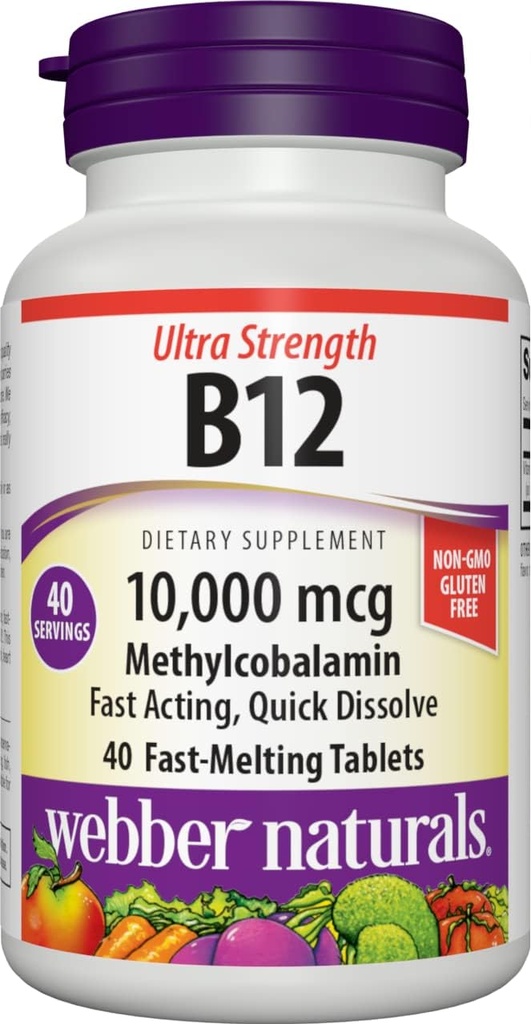 Webber Naturals Vitamin B12 10.000 mcg, Ultra Strength, 40 Kont, Hızlı Dissolve Tabletler, Enerji Metabolism için Tamam Destek, Immune ve Heart Health, Vegan Formula Formula