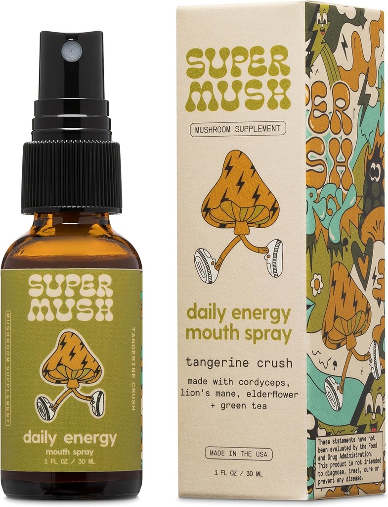 SuperMush Daily Energy Mouth Spray - Mushroom Supplement - Lions Mane & Cordyceps Mix Mushrooms Lead Pure Liquid Sprays for Focus, Stamina & Clarity - 30 ml Organik Lions Mane Fungi