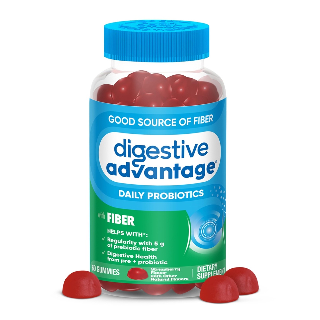 Digestive Advantage Prebiyotik Fiber Gummies + Probiyotiks for Gut Health, 5g Prebiyotik Fiber Plus 1 Milyar CFU Probiyotik, Supports Digestive Health & Regularity, (60ct Şişe) Strawberry Flavor*