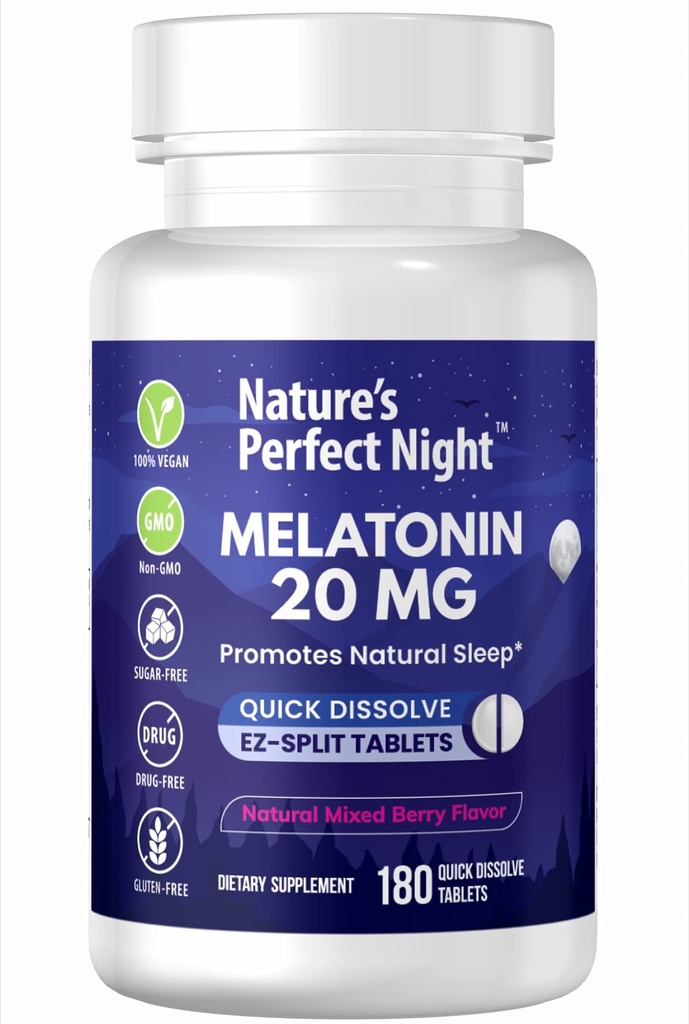 Nature's Perfect Night | Melatonin 20mg | 180 Hızlı Dissolve Tabletler | Doğal Karma Berry Flavor | Yüksek Potency | Sugar Free | Vegan | Gluten Free | Değer Boyut