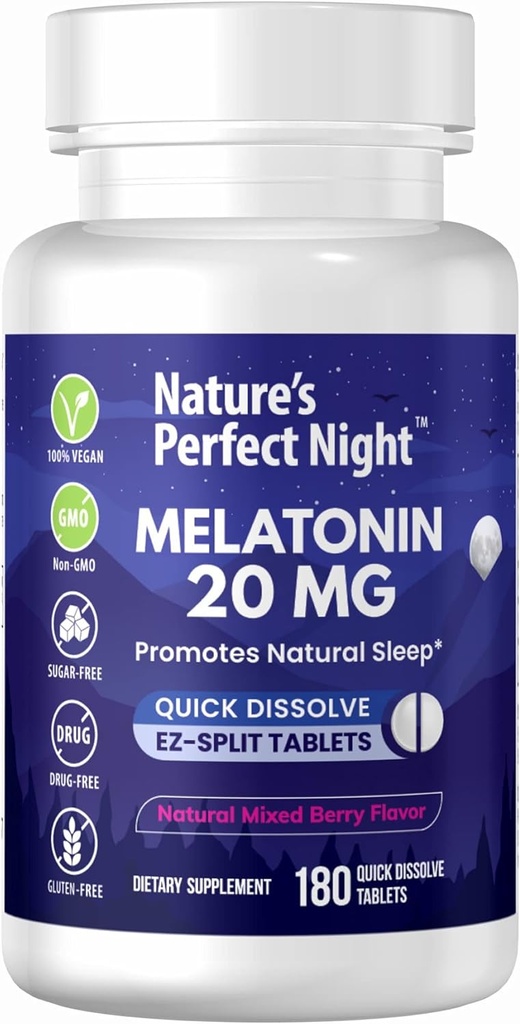 Nature's Perfect Night | Melatonin 20mg | 180 Hızlı Dissolve Tabletler | Doğal Karma Berry Flavor | Yüksek Potency | Sugar Free | Vegan | Gluten Free | Değer Boyut