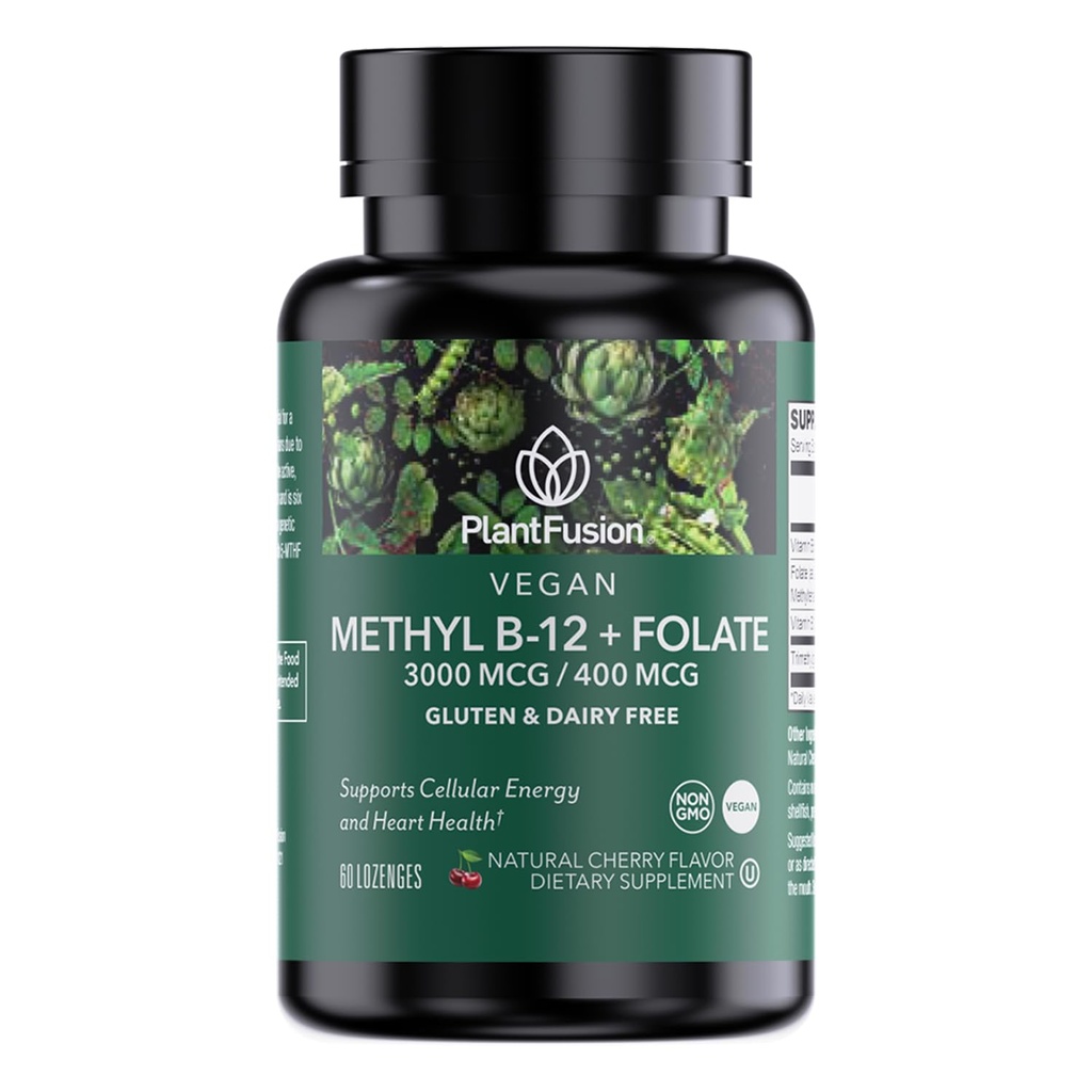 PlantFusion Torchated B Complex – Vegan B12 300006, Vegan Mefolate (5-MTHF) 40006, B6 & TMG - Cherry-Flavored Lozenges – 60 Count