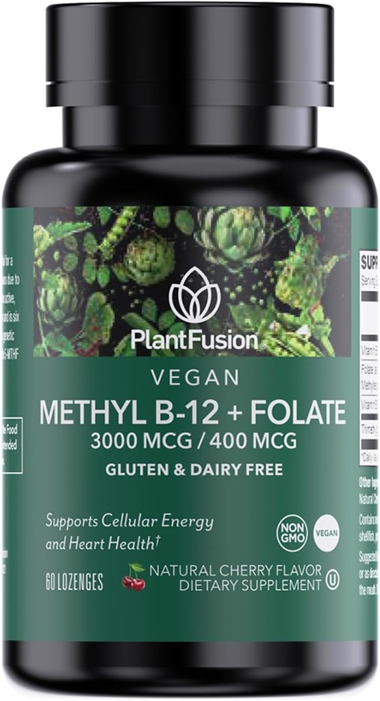 PlantFusion Torchated B Complex – Vegan B12 300006, Vegan Mefolate (5-MTHF) 40006, B6 & TMG - Cherry-Flavored Lozenges – 60 Count