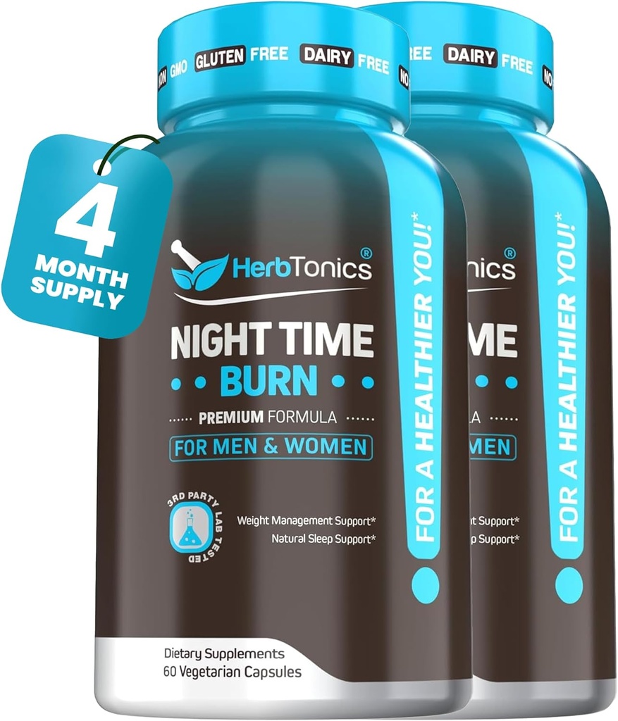 Herbtonics Night Time Burn & Sleep Complex Υποστηρίζει Διανυκτέρευση Μεταβολισμός, Άγχος Ανακούφιση & Βαθύ Ύπνο. Περιλαμβάνει μελατονίνη, βαλεριάνα και πράσινο τσάι – Vegan Διαχείριση βάρους ώρας ύπνου (120 κάψουλες)