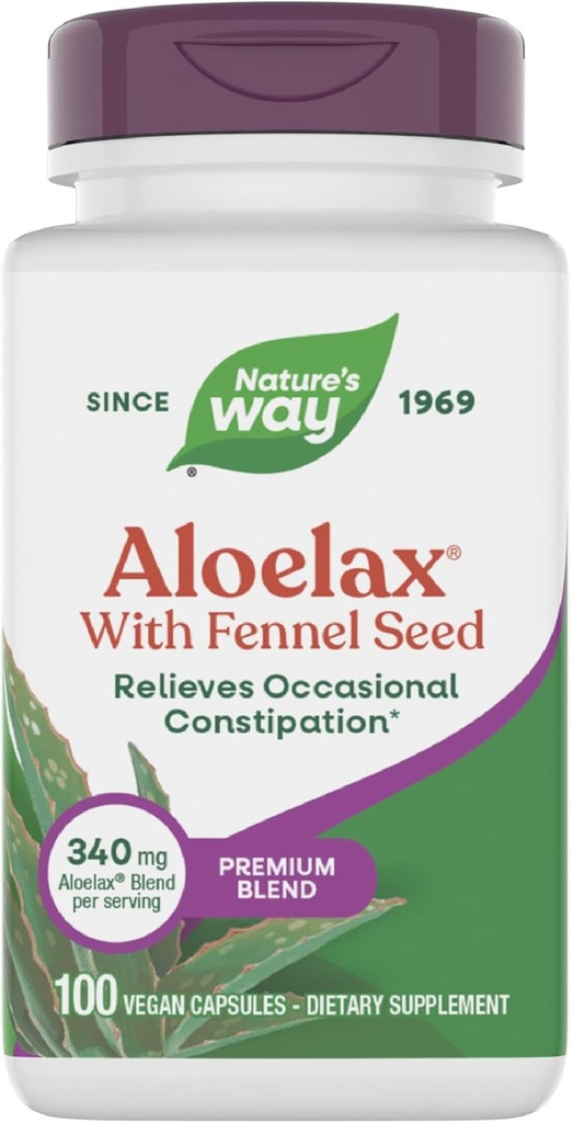 Nature's Way Aloelax, Premium Mix, with Fennel Tohum, Relieves Occasional Constipation*, 340 mg, Gluten Free, Vegan, Occasional Constipation Relief*, 100 Capsules (Pazarlama)