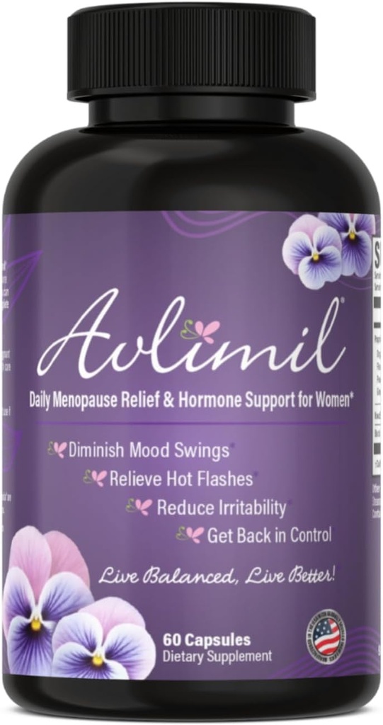 Avlimil® Hormon Denge & Menopause Support | Mood Swings, Hot Flashes, Night Sweats ve Irritability - Isoflavones, Black Cohosh, Raspberry, Valerian, Sage, Red Clover, Lemon Balm - 1-Month