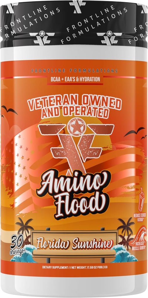 Amino Flood from Frontline Formulations - BCAA + EAA Recovery & Hydration Formula – Υποστήριξη μυών, ηλεκτρολύτες & αντοχή – Amino Acid συμπλήρωμα για Intra & Post προπόνηση Florida Sunshine