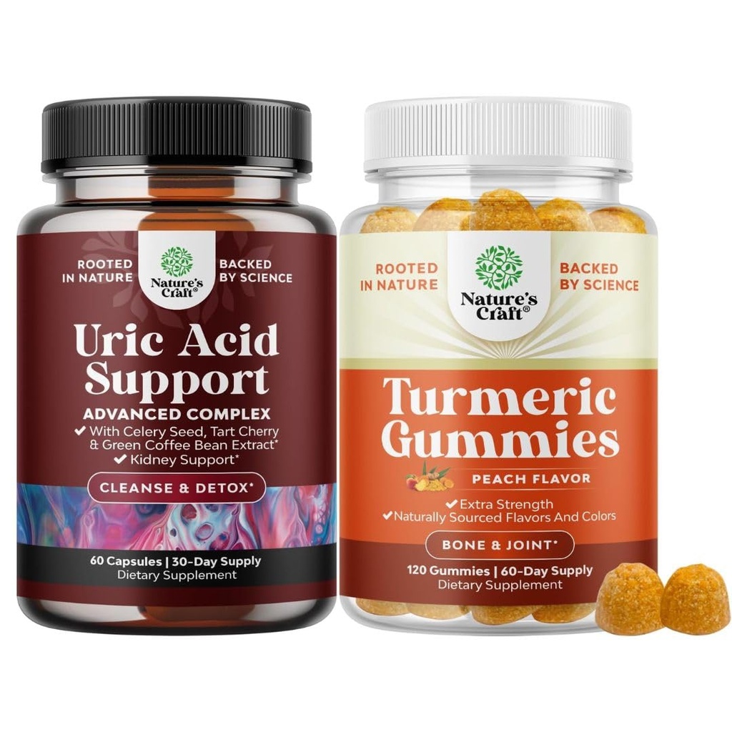 Natures Craft Bundle of Vegan Uric Acid Cleanse and Detox for Men and Women's Joints Kinneys and More and Turmeric Gummies for Adults Peach Flavor - Επιπλέον δύναμη κοινή υποστήριξη Gummies