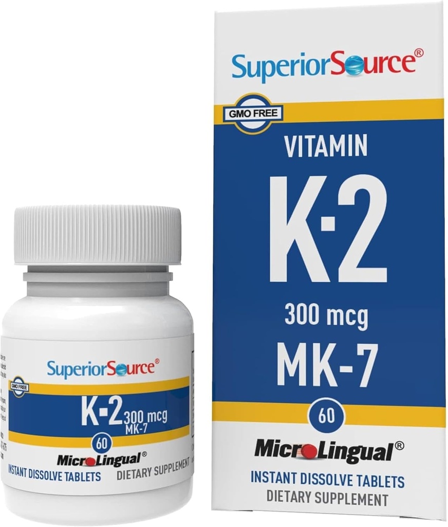 Superior Source Vitamin K2 MK-7 (Μενακινόνη-7) 300 mcg - Δύναμη των οστών & Συμπλήρωμα Υποστήριξης για την Υγεία - Βοηθά Υγιής λειτουργία της καρδιάς - Βαριατρική-Φιλικά - 60 Υπογλώσσια δισκία Διάλυσης