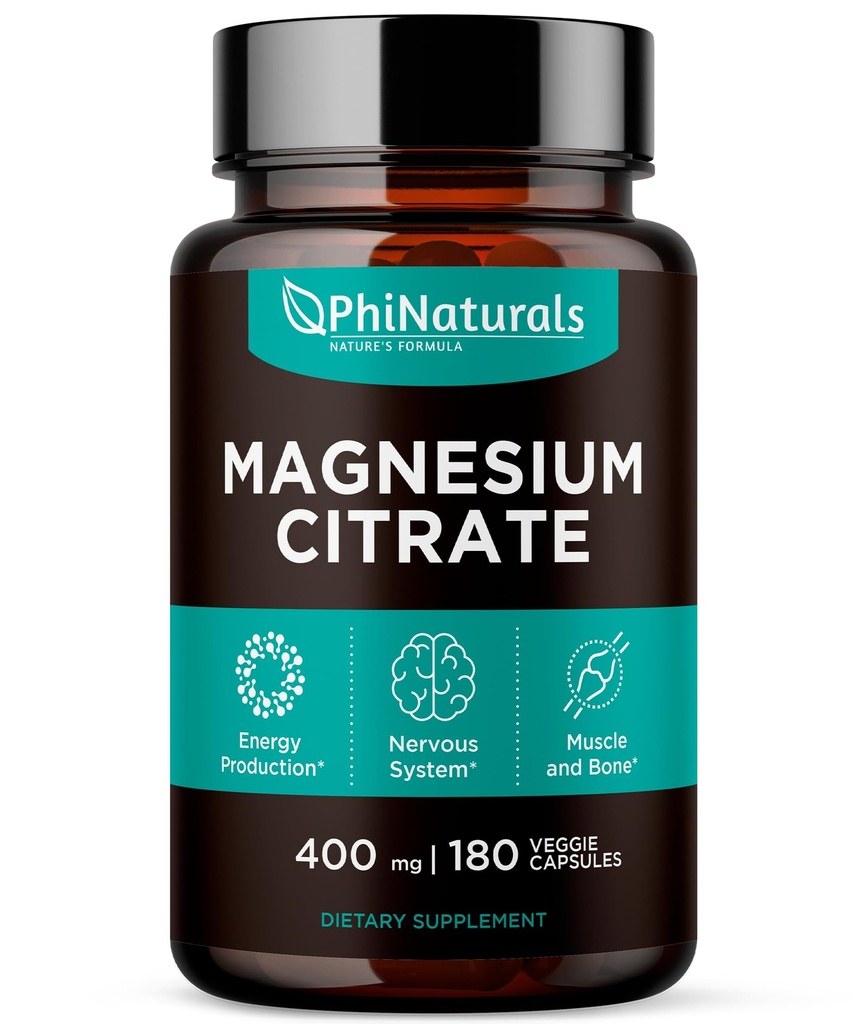 Magnezyum Citrate Toz Capsules 400 mg - 180 Kont Veg Caps - Phi Naturals Supplements - Nervous System Support and Enzyme Function