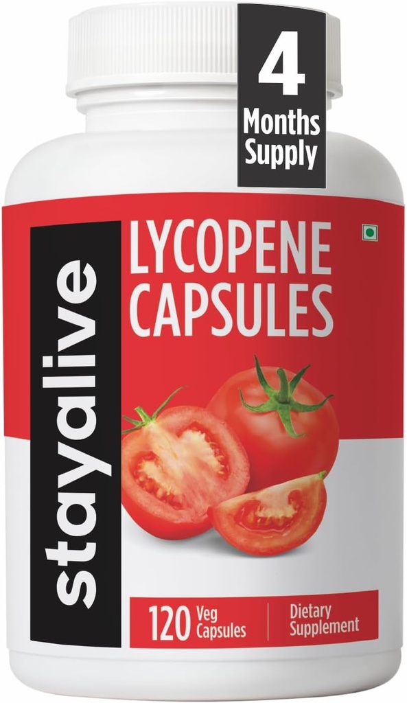 STAY ALIVE Lycopene Supplement for Men 60 mg, Natural Tomato Extract Toz, 4 Ay Supply ile 120 Capsules, %100 Veg Lycopene Kompleksi, Non-GMO ve Gluten Free Carotenoid Tamam