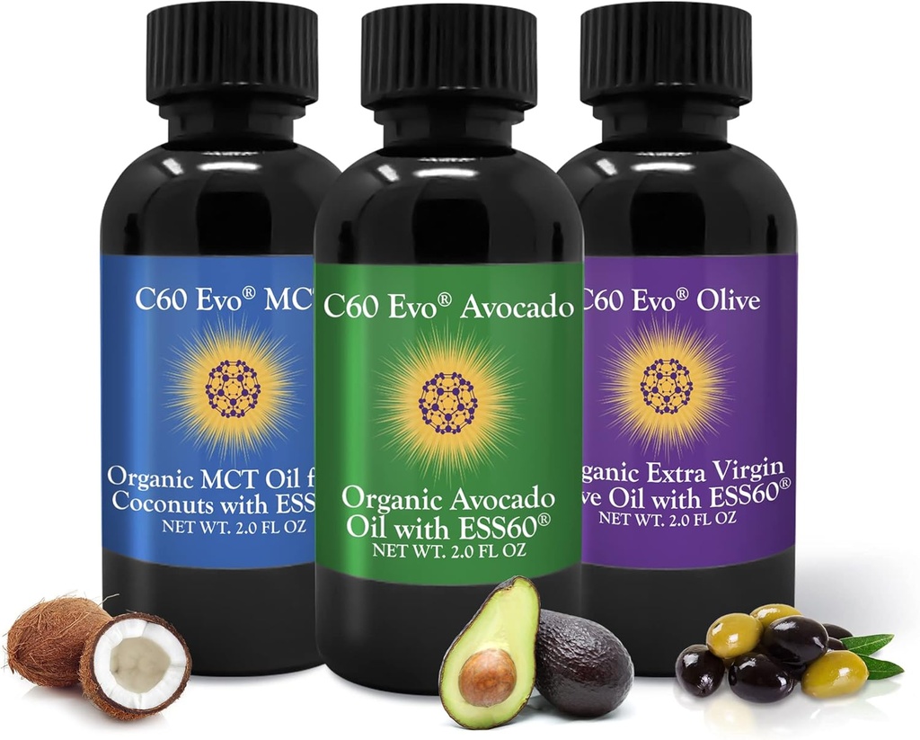C60 Evo All-Natural Edible Oils, Mini Oil Sampler Set with Pure C60 ESS60, Immune Support and Joint Support Supplement with Olive Oil, Avocado Oil & MCT Coconut Oil, Set of 3, 2 oz