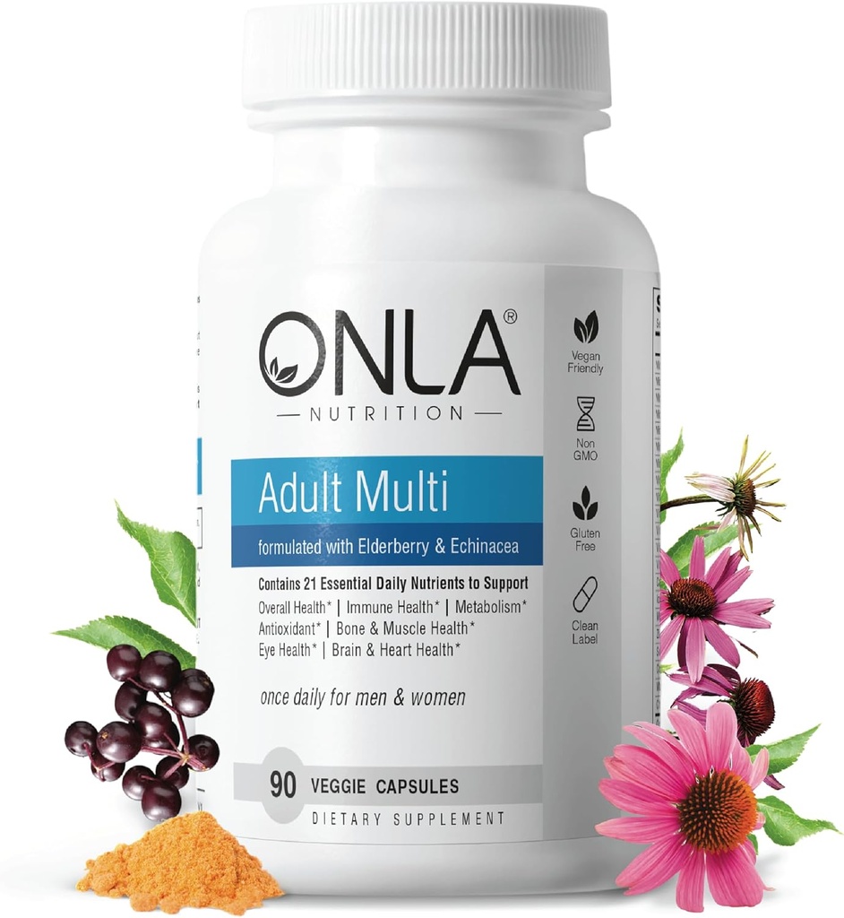 ONLA Elderberry Συμπληρώματα για γυναίκες 80mg - Vegan Multivitamins για την ανοσοποιητική υποστήριξη με Echinacea & Elderberry - Μη ΓΤΟ, Χωρίς γλουτένη Καθημερινές κάψουλες- 3 Μήνες προσφοράς (Λήξη Μαΐου 2025)