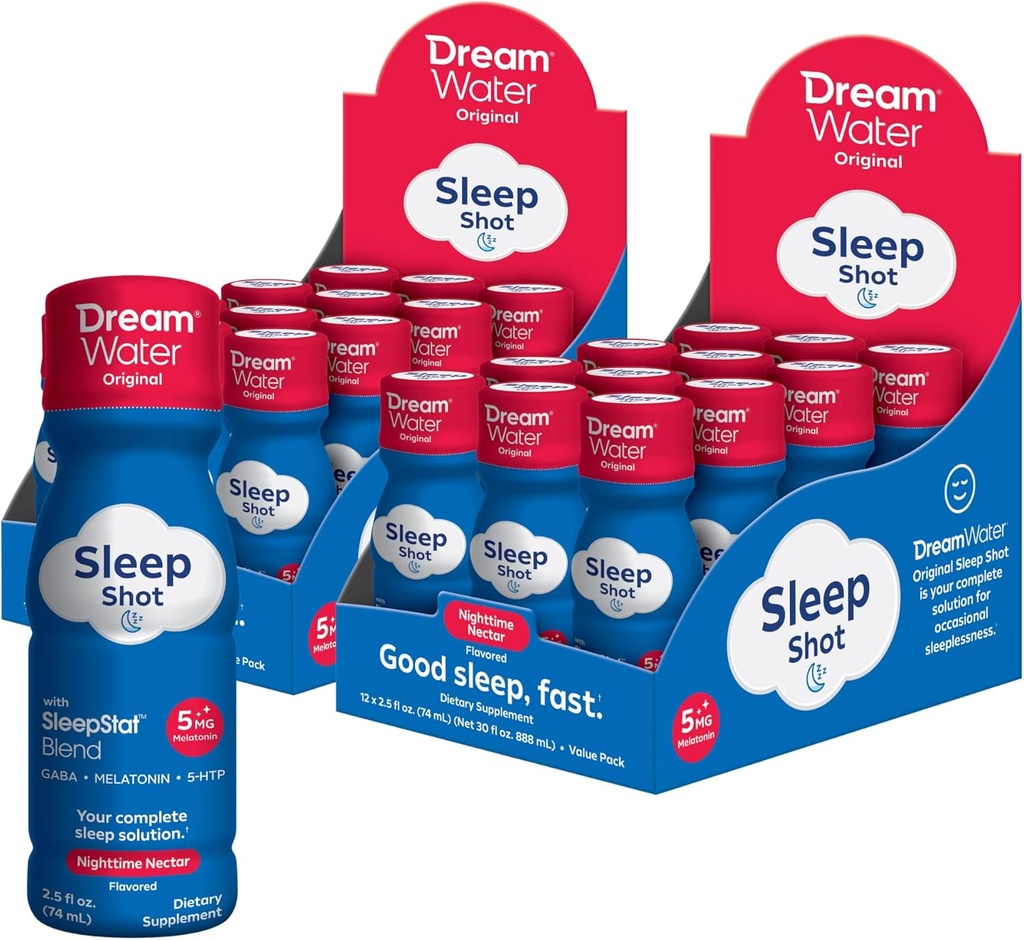 Dream Water Sleep Aid Supplement Drink; Melatonin 5 mg, GABA, 5-HTP; Zero şeker, Doğal lezzetler, ekledi renkler, 2.5 oz sıvı uyku atışları, Nighttime Nectar, 24Count