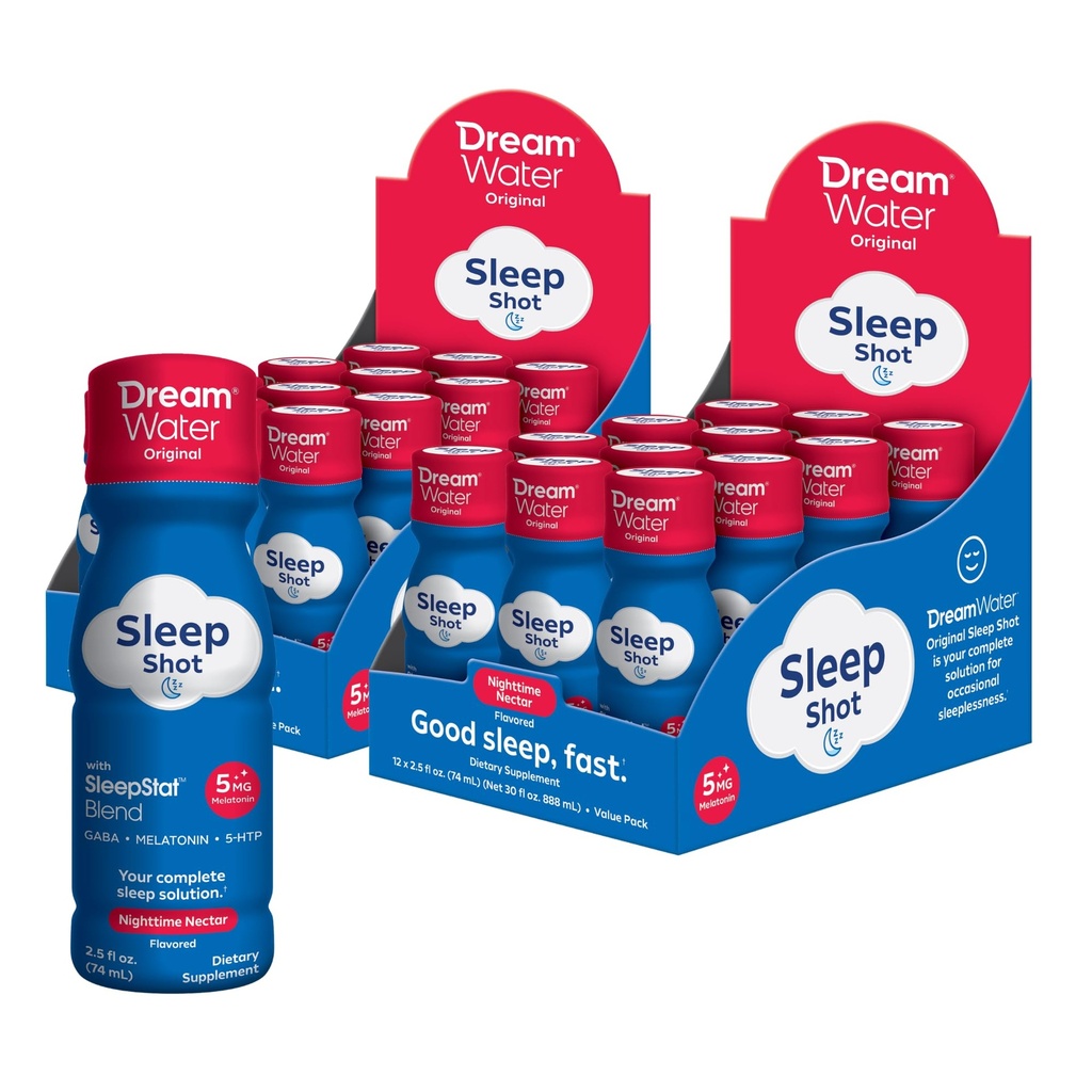 Dream Water Sleep Aid Supplement Drink; Melatonin 5 mg, GABA, 5-HTP; Zero şeker, Doğal lezzetler, ekledi renkler, 2.5 oz sıvı uyku atışları, Nighttime Nectar, 24Count