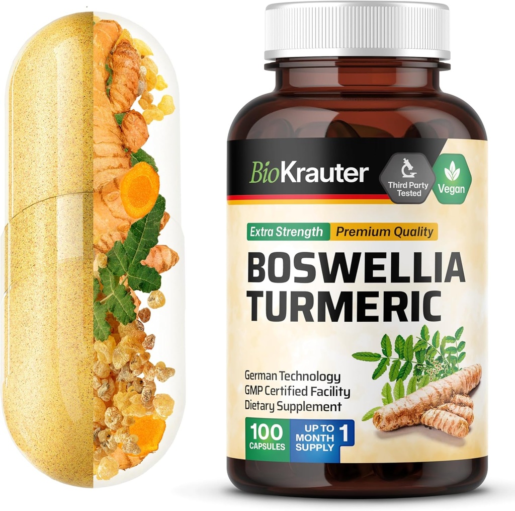 BIO KRAUTER Turmeric Supplement with Boswellia Extract Capsules - 2000 mg Mix - 100 Kont - Vegan Boswellia Turmeric (Curcumin) - Formula w/Black Pepper