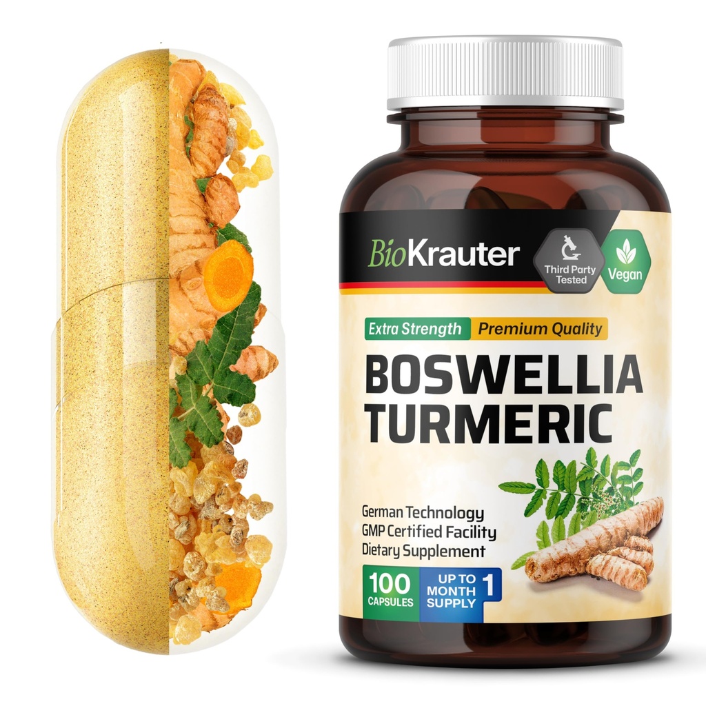 BIO KRAUTER Turmeric Supplement with Boswellia Extract Capsules - 2000 mg Mix - 100 Kont - Vegan Boswellia Turmeric (Curcumin) - Formula w/Black Pepper