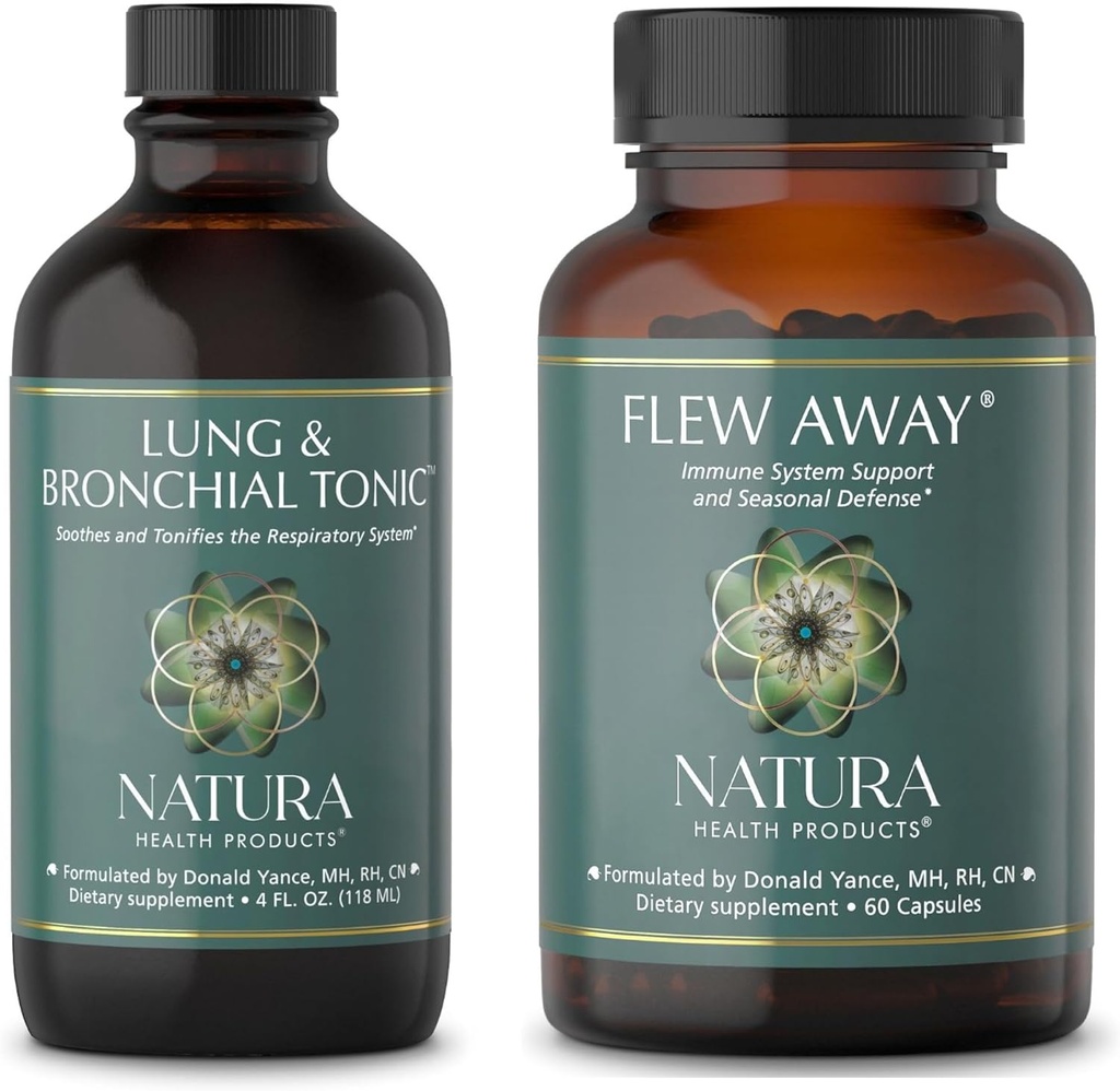 Natura Health Products Lung & Bronchial Tonic and Flew Away Supplement Bundle - Καταπραΰνει και Τονώνει το αναπνευστικό σύστημα - Υποστήριξη του ανοσοποιητικού συστήματος & Εποχική άμυνα