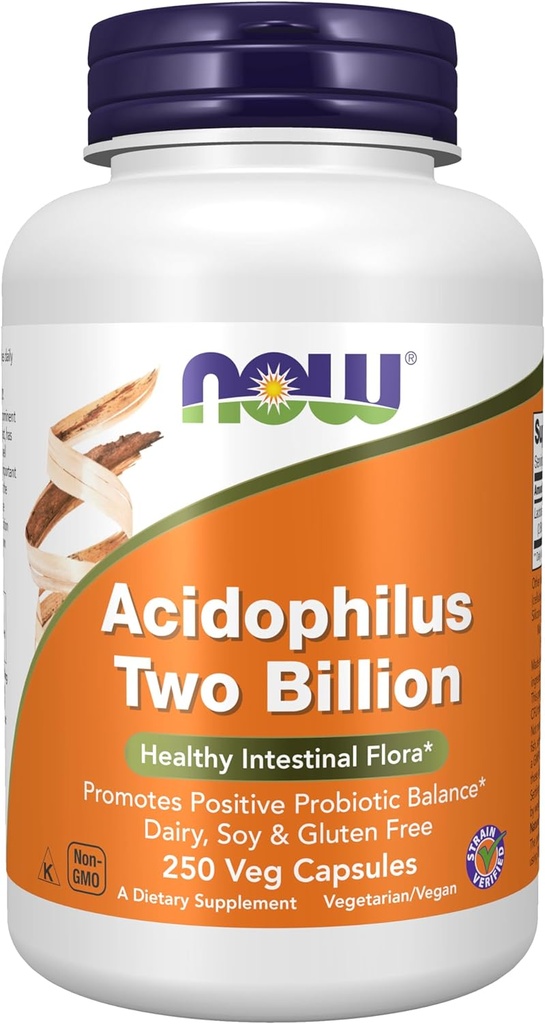 NOW Συμπληρώματα τροφίμων, Acidophilus, Δύο Δισεκατομμύρια, Στρας Επαληθευμένο, Υγιεινή Εντερική Χλωρίδα *, 250 κάψουλες Veg