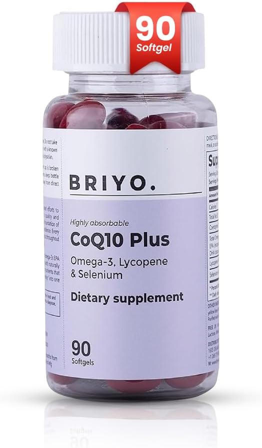 Briyo CoQ10 100 mg Supplement with Omega 3 EPA DHA, Lycopene and Selenium – For Heart Health, Energy Support, Antioksi Koruma, Sağlıklı Ağlama – Bir Kez Yumuşakgels, 90 Kont