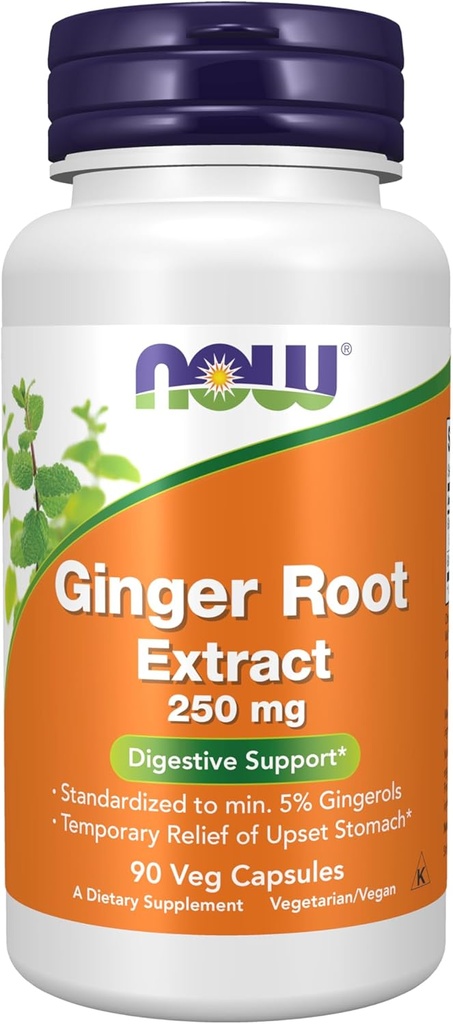 NOW Συμπληρώματα τροφίμων, εκχύλισμα ρίζας Ginger 250 mg, Προσωρινή ανακούφιση του ανατρεπόμενου στομάχου *, Digestive Support*, 90 κάψουλες Veg