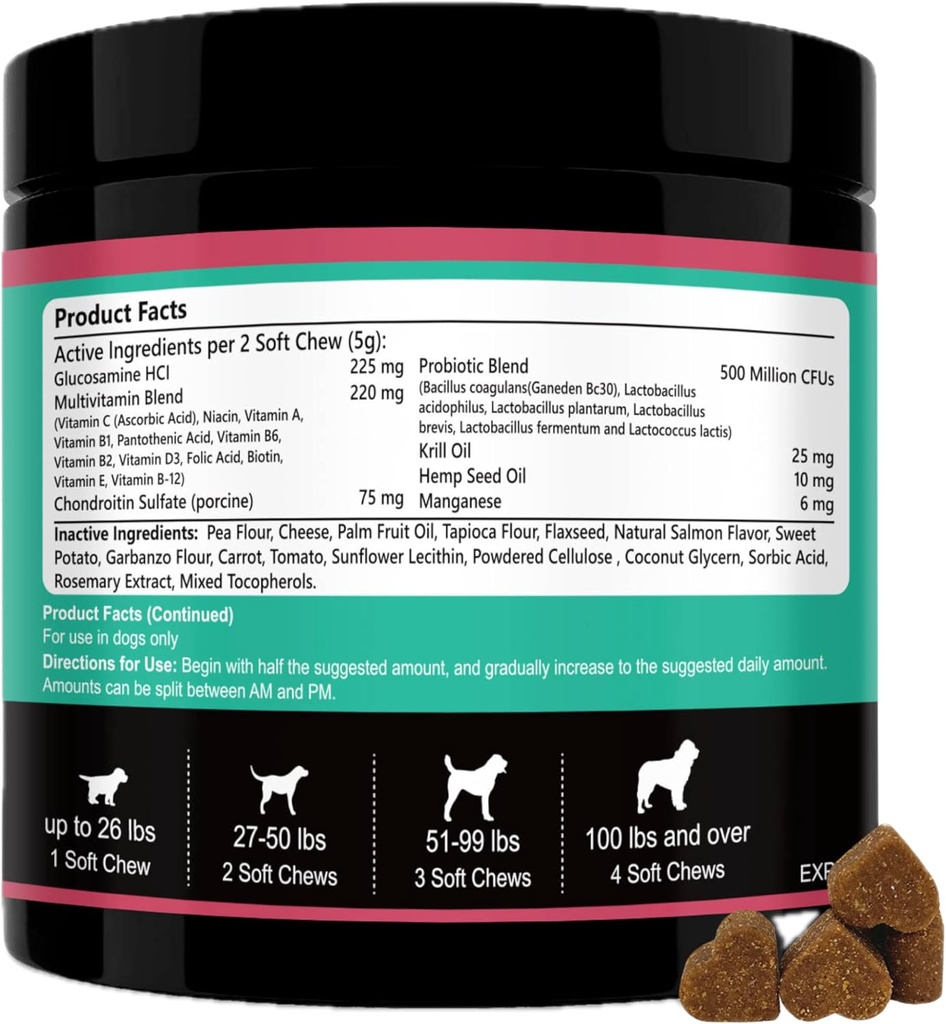 Dog Multivitamins Chewable- 15 in 1 Dog Vitamins Multivitamin for Heart Health - Omega 3 Oil for Skin & Coat, Chondroitin ve Glucosamine for Dogs Joint & Mobility, Probiyotiks - 120ct