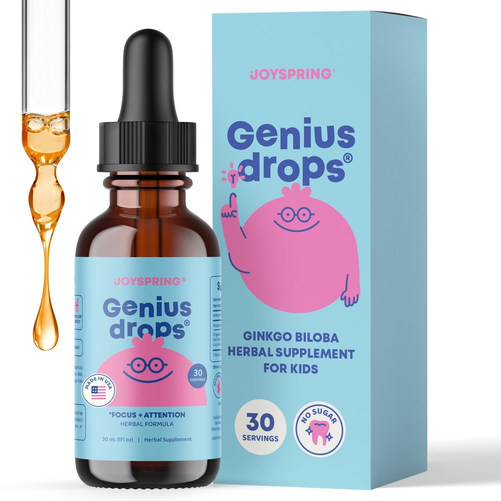 Çocuklar için JoySpring Genius Drops | Klinik Proven Focus Supplement | Sıvı Herbal Focus Supplement with Ginkgo Biloba for Kids (1 oz) 30 Hizmet