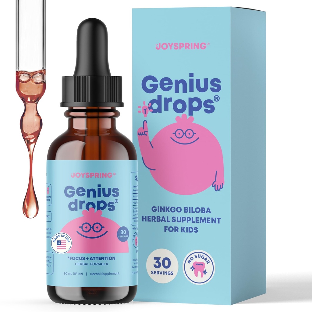 Çocuklar için JoySpring Genius Drops | Klinik Proven Focus Supplement | Sıvı Herbal Focus Supplement with Ginkgo Biloba for Kids (1 oz) 30 Hizmet