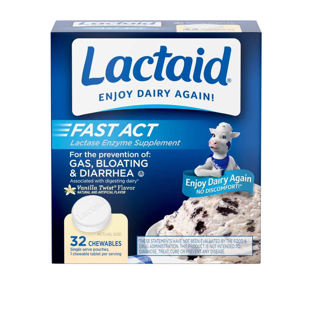 Lactaid Fast Act Lactose intolerance Relief Chewables with Natural Lactase Enzyme to prevent Gas, Bloating & Diarrhea Due to Lactose Hassasiyet, On-Go, Vanilla Twist Flavor, 32 x 1 ct