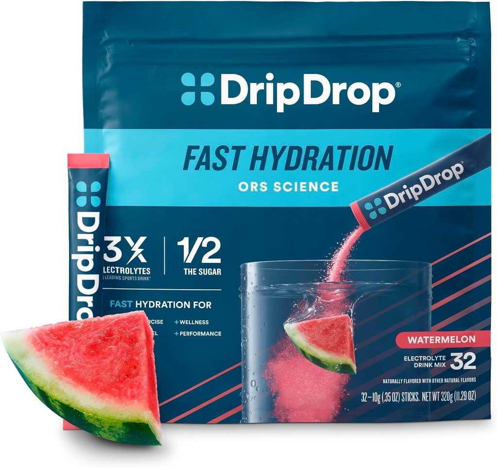 DripDrop Hydration Packets - Watermelon - Single Serve Electrolytes Toz İçecek Mix - Non-GMO, Gluten Free, Vegan - 32 Sticks