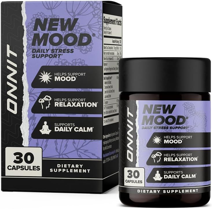 ONNIT New Mood Daily Stress Support Capsules, IGENTM Non-GMO Tested, Sleep and Mood Support Supplement for Men and Women, Daily Stress Management Capsules, 30 Count Count Count Count
