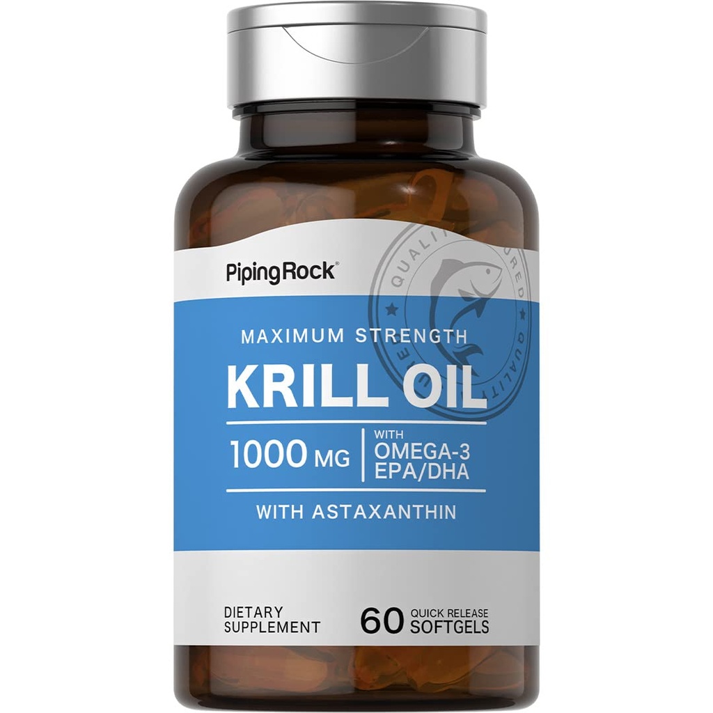 Piping Rock Krill Oil 1000 mg Softgels | 60 Kont | Omega 3, EPA, DHA | Non-GMO, Gluten Free