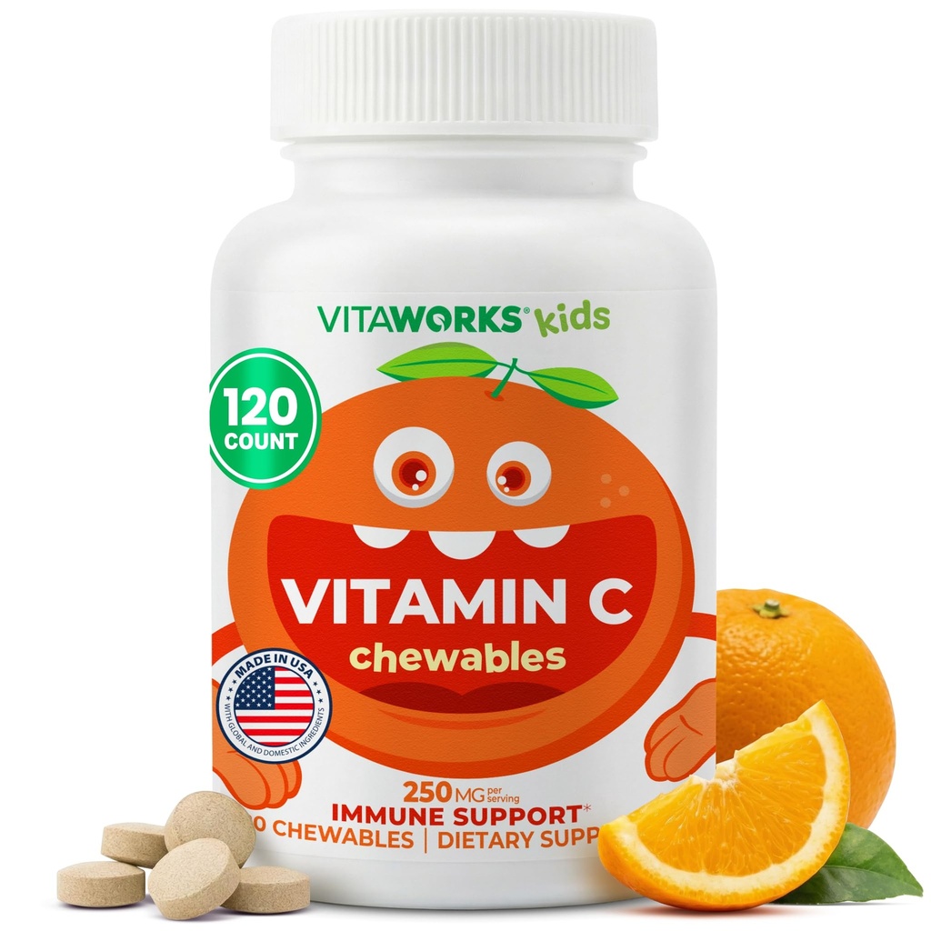 Çocuklar C Vitamin Chewable Tabletler 250 mg - Vegan, GMO-Free, Gluten Free, Nut Free Vitamins - Immune Desteği için Diyet Supplement - Çocuklar için 120 Chewables