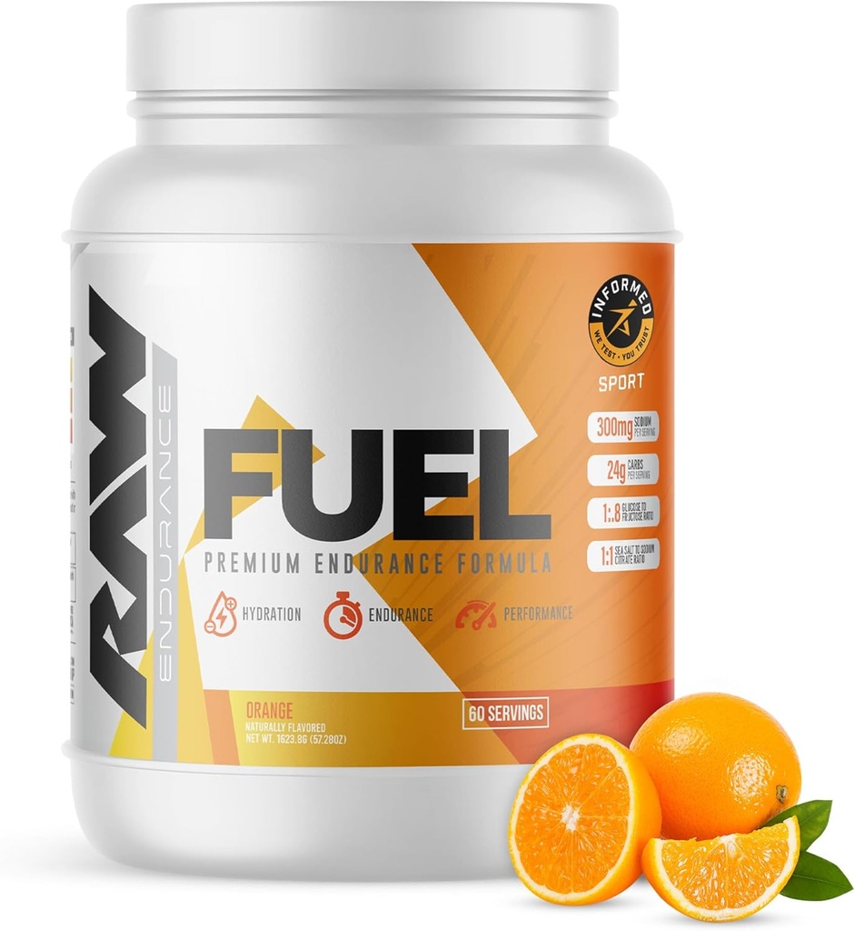 RAW Fuel, Premium συμπλήρωμα αντοχής σε σκόνη, πορτοκάλι (60 σερβιρίσματος) - κορυφαία απόδοση, ενυδάτωση & Σταμίνα Κατά τη διάρκεια των προπονήσεων, της κατάρτισης ή του διαγωνισμού - 24g υδατάνθρακες & 300mg νατρίου