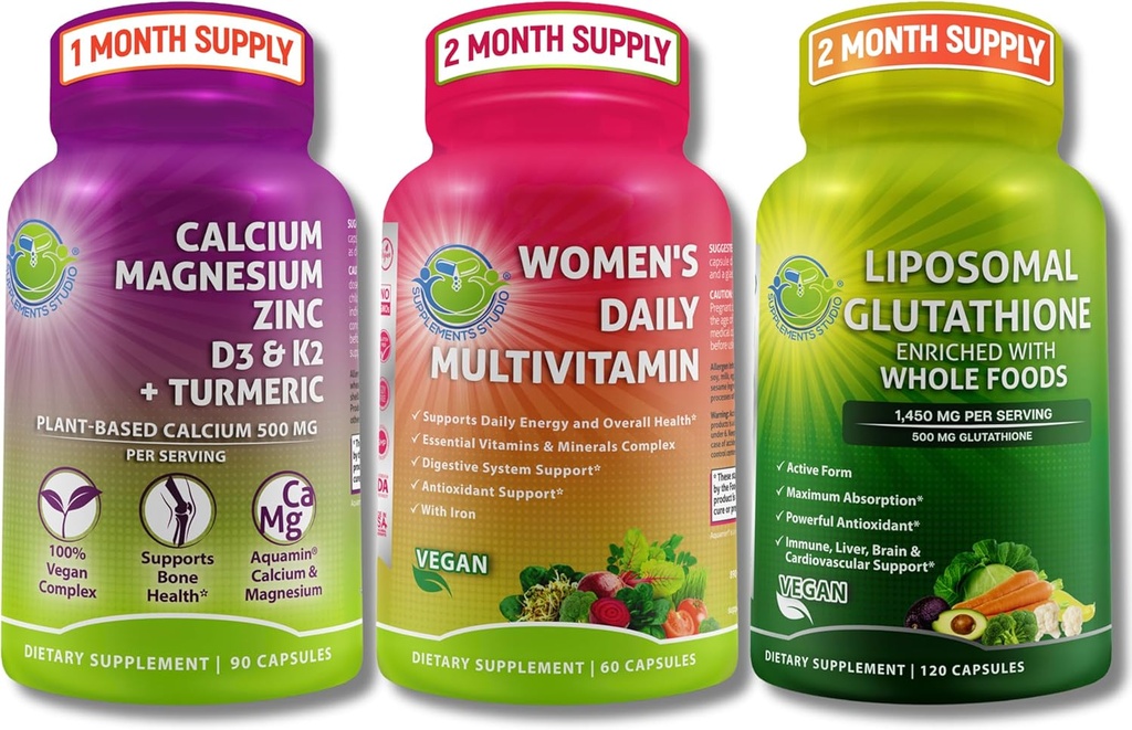 Kadınlar Multivitamin, Steel & Liposomal Glutathione Trio - Plant-Based Food, Magnezyum, çinko, D3, K2 & Turmeric + Women's Daily Multivitamin with Iron + Liposomal Glutathione 500 mg