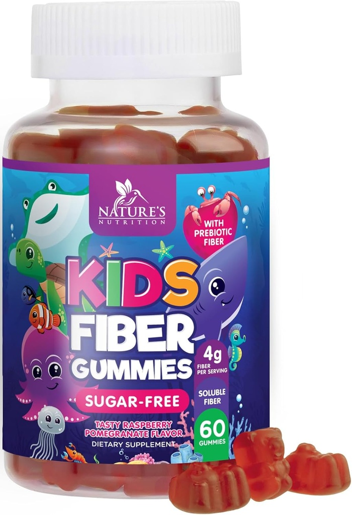 Çocuklar Fiber Gummies 4g – Prebiyotik Fiber Supplement for Digestive Health, Regularity & Immune Support – Sugar Free & Plant-Based Fiber – Natural Raspberry Flavor – Vegan, Gluten-Free – 60 Gummies