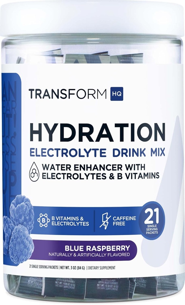 TransformHQ Hydration Drink Mix (21 Single-Serving Packets, Blue Raspberry) - Συμπλήρωμα ενυδάτωσης με βιταμίνες και ηλεκτρολύτες