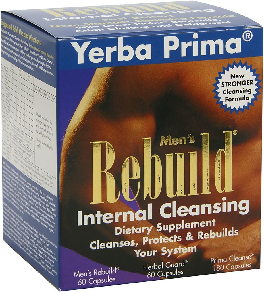 Yerba Prima Men's Rebuild Cleansing Program Box - Τριάντα ημέρες εσωτερική καθαριότητα για όλο το σώμα - Made Gentle with Ultra-Absorbent Bentonite Clay & Psyllium for Regularity Support
