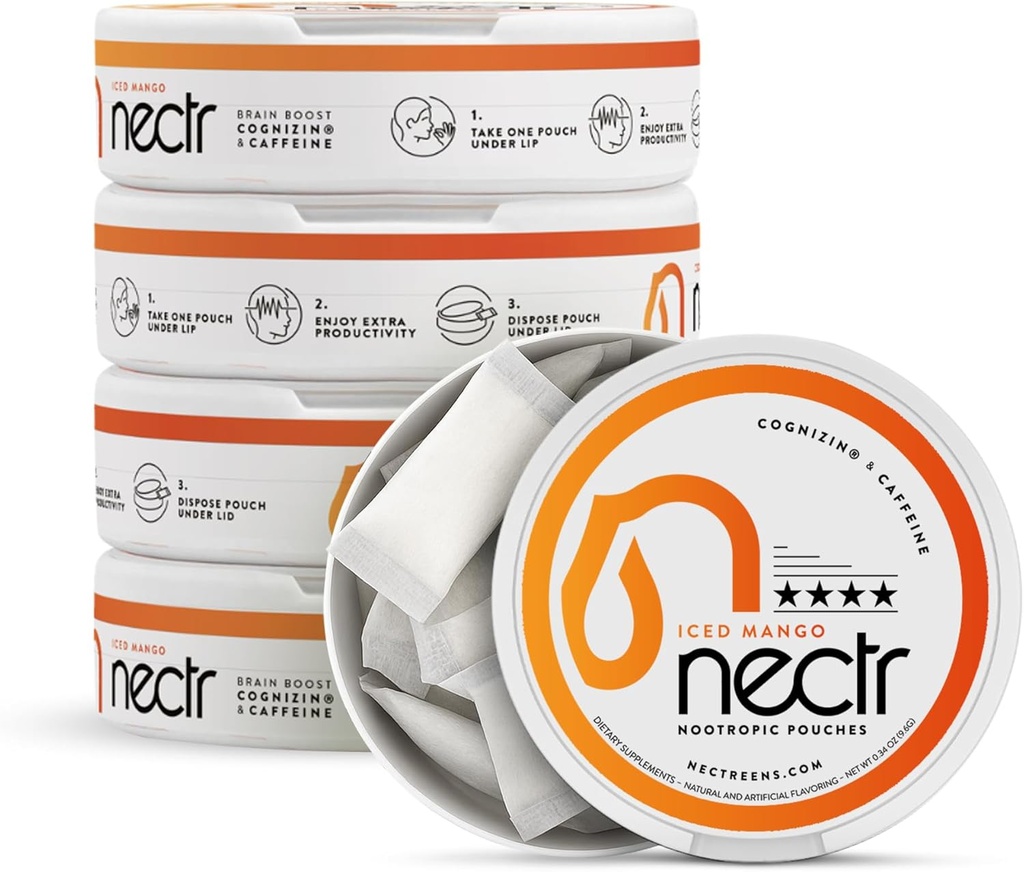 Nectr Enerji Nootropic Pouches – Buzlu Mango Flavored, Cog Browser® Citicoline ile Caffeine Pouches. Sugar-Free Brain Treats. Parlak, Sustained Focus & Energy Supplement - 16parçalının 5 Pucks
