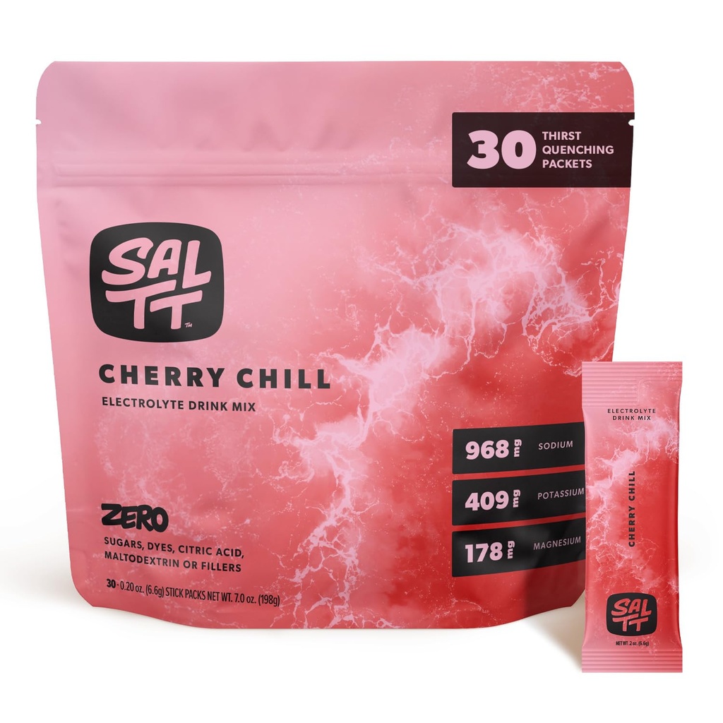 SALTT Electrolytes Dust Flavored Drink Mix - Cherry Chill - 30 Hydration Packets - Magnezyum, Pyum, sodyum, Trace Minerals - Zero Sugar & Gluten Free - Travel Essentials