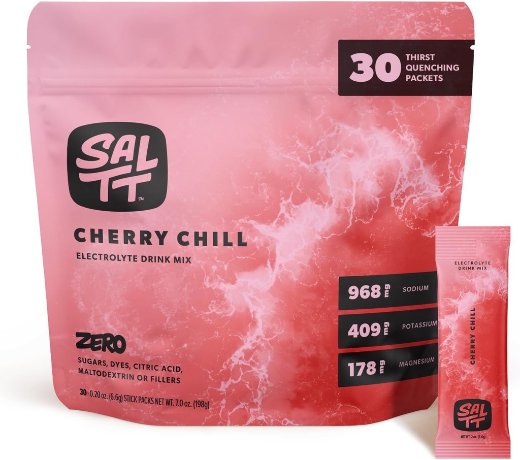SALTT Electrolytes Dust Flavored Drink Mix - Cherry Chill - 30 Hydration Packets - Magnezyum, Pyum, sodyum, Trace Minerals - Zero Sugar & Gluten Free - Travel Essentials