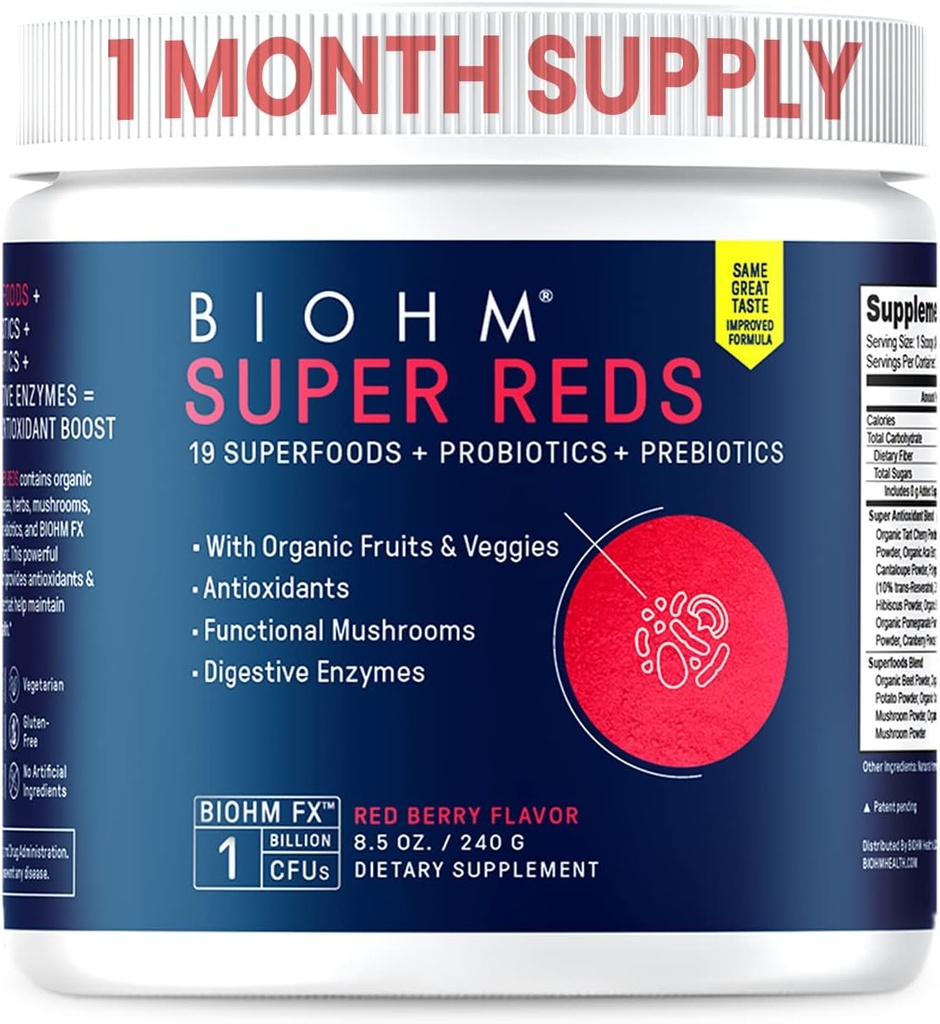 BIOHM Super Reds, Beet Root Toz Antioksitler ve Tart Cherry Extract ile Mix ve 19 Kırmızı Tüm Gıdalar Prebiyotik ve Probiyotikler, Non-GMO, Red Berry Flavor (30 hizmet) ile paketlendi.