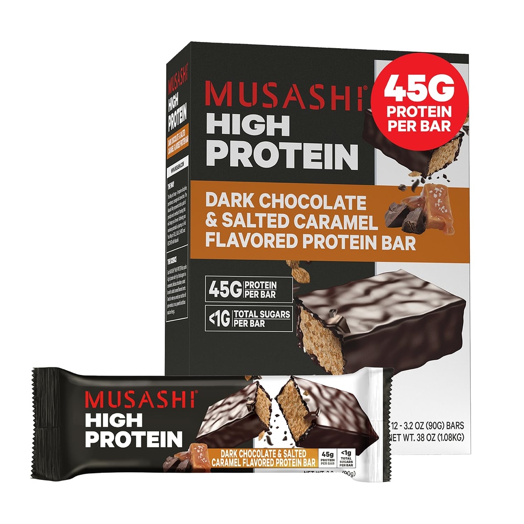 MUSASHI High protein Bar, 45g protein, <1g Total Sugars, Dark Chocolate & Salted Caramel, Post Workout and Protein Snack On The Go, 12 Pack of 3.2oz (90g) Bars