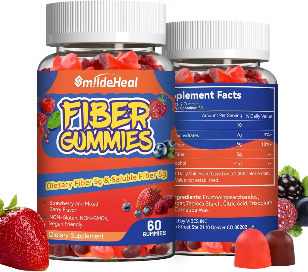 Fiber Gummies, Diyetsel Fiber, Kadınlar ve Erkekler için, Gut Health Support, Non-GMOs, Non-Gluten, Vegan, Karma Berry ve Strawberry Flavor, 120 Kont Gummies
