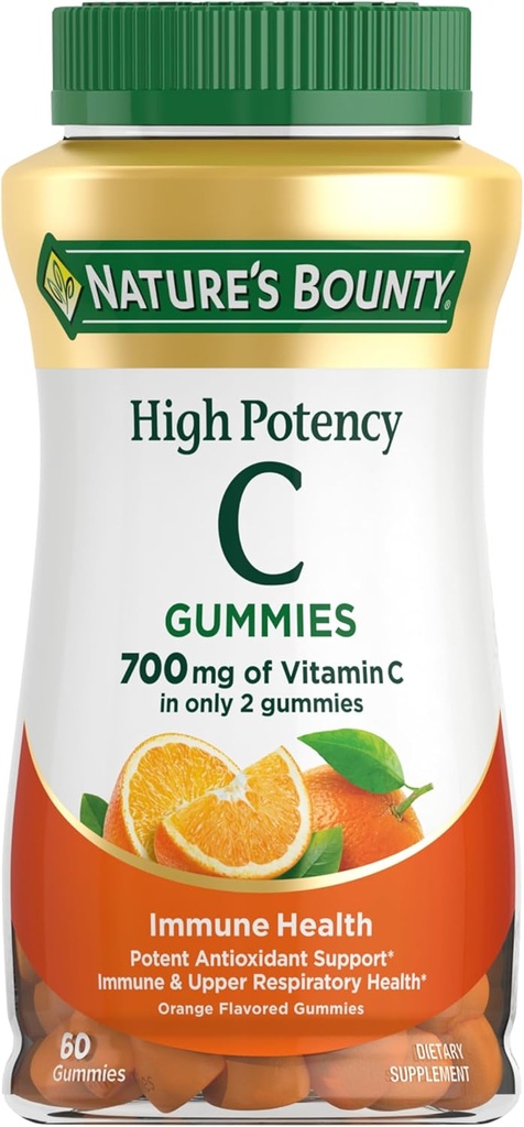 Nature's Bounty Vitamin C Gummies 700 mg, High Potency Vitamin C Chewable Gummies for Yetişkinler, Immune Support Supplement, Diyetary Supplement, Orange Flavor, 60 Ct